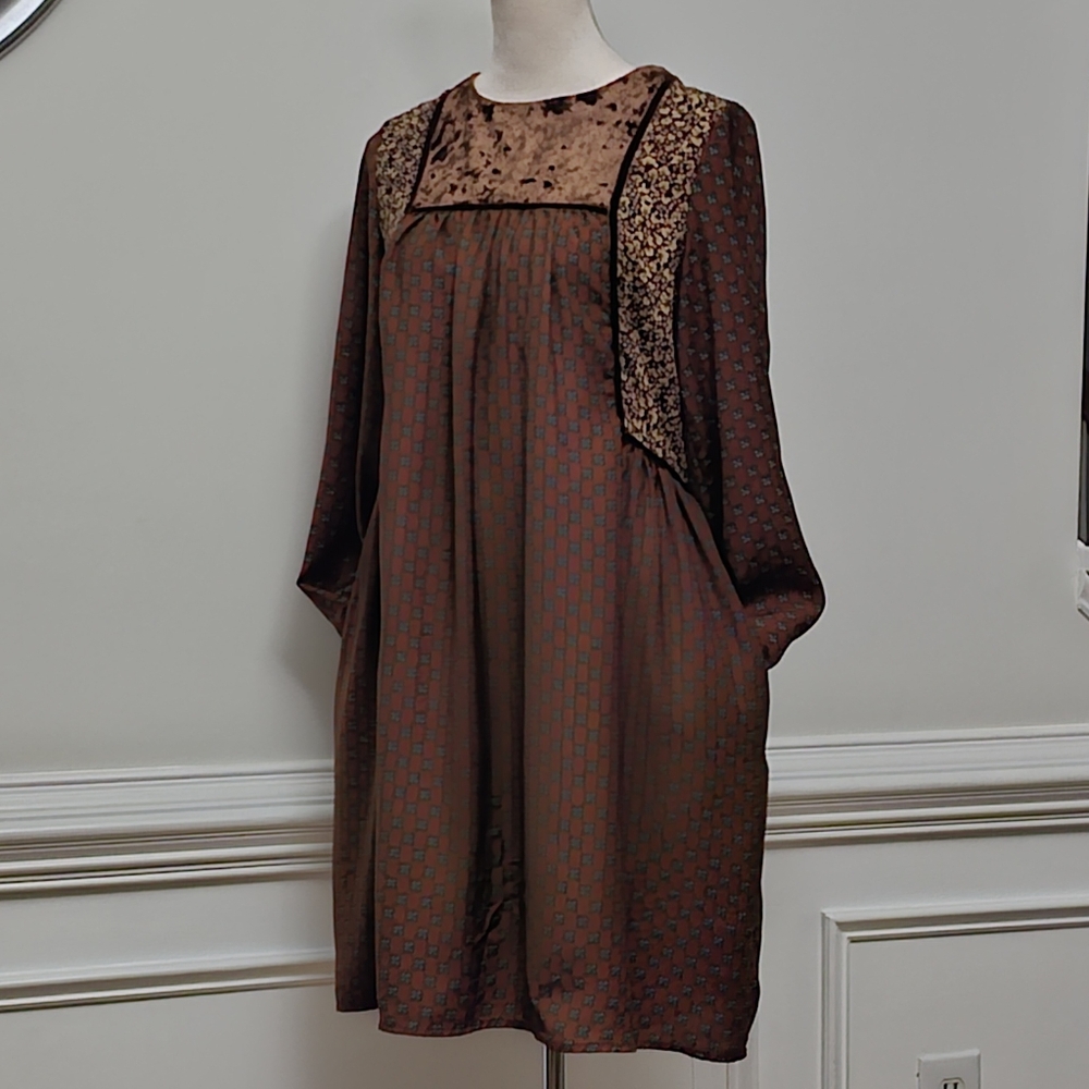 Suzanne Betro Women's Midi Dress Long Sleeve Boho Patchwork Velvet Peasant